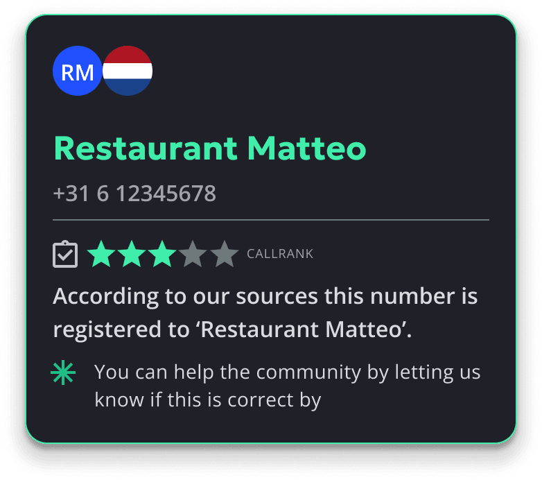 Calmido Phone showing a verified caller card with company name from public business data